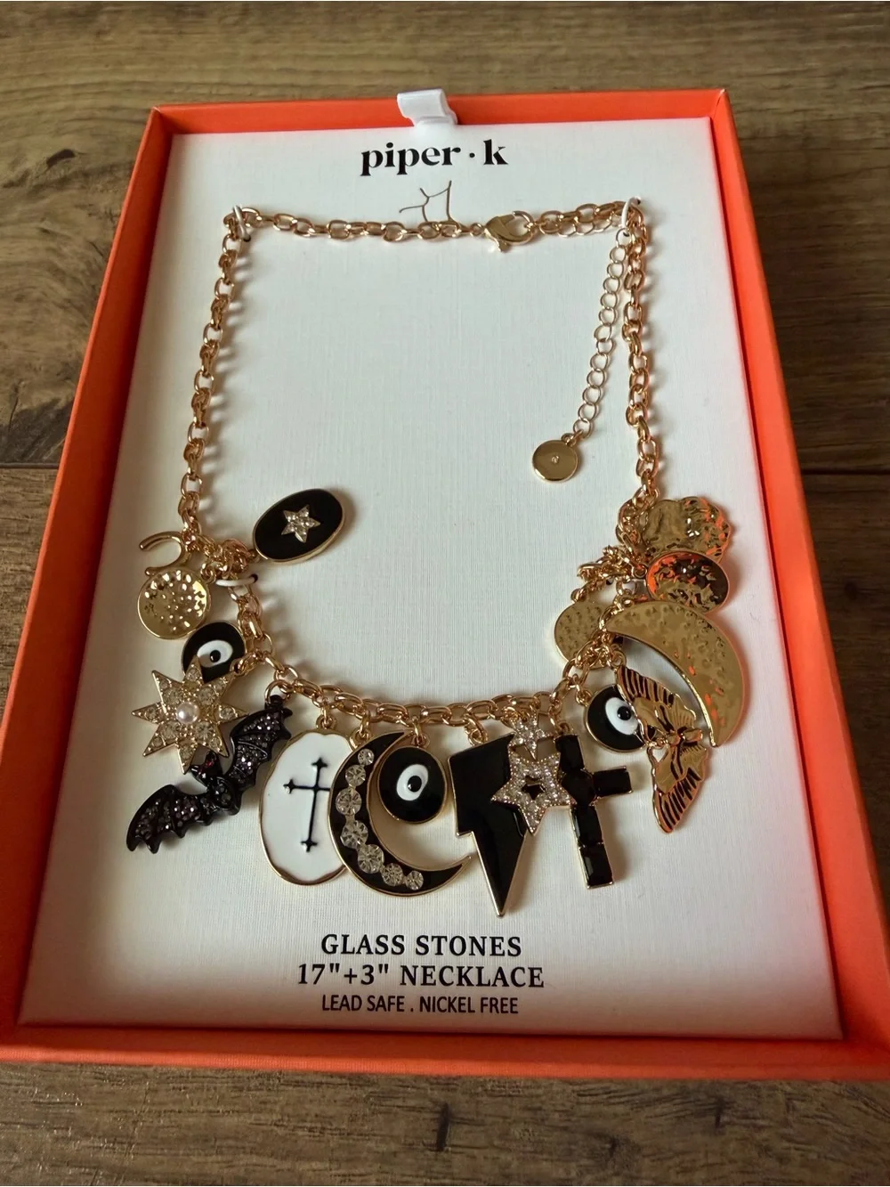 NWT Piper K Halloween Charm Necklace | Spooky Gothic Bat Moon Star Spells
